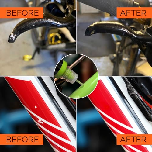 Bike Paint - Touch-Up Paint Kit for Scratched or Chipped Frames - 4 Pack of 10ml Bottles - Black/White/Red/Cyan. Mix to Color Match. Includes Applicator Brush, Durable, Permanent & Tough