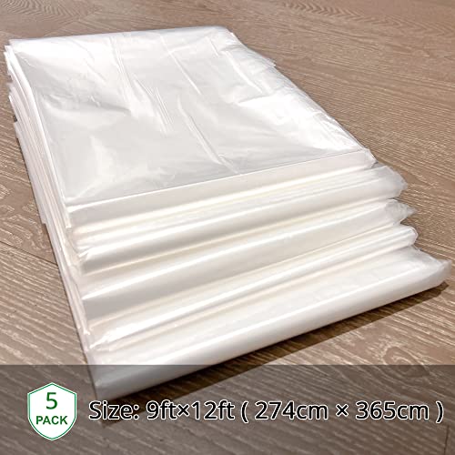 5-Pack Plastic Drop Cloth, 9x12 Feet Clear Plastic Painting Tarps Waterproof, 1 Mil Thick Drop Sheet for Furniture Couch Floor Cover - size: 5 Pack, 9'x12'