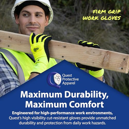 Quest Protective Apparel High Visibility Cut and Impact Resistant Work Gloves, Mechanic Safety Gloves with Nitrile Grip for Construction & Industrial Use (Large, 1 Pair) - size: Large