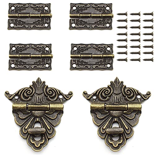 SDTC Tech Retro Bronze Alloy Latch Lock and Engraved Painten Hinge with Screws for Decorative Cabinet Small Wooden Jewelry Box Project (2X Hasp Catch + 4X Hinges) - color: A2E4 Kit