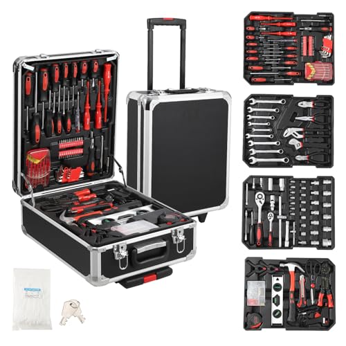 GraveeTech 800pcs Aluminum Trolley Case Tool Set Home Repair Tool Set, General Household Tool Kit w Rolling Tool Box, Toolbox Storage Case w 4 Drawers for Maintenance, Perfect for Homeowner, Handyman