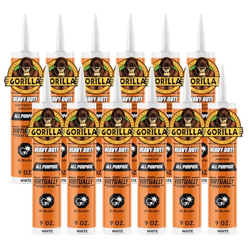Gorilla Heavy Duty Construction Adhesive, White Glue, 9 Ounce Cartridge (Pack of 12) - Gap Filling and Waterproof - size: 9 Ounce (Pack of 12)