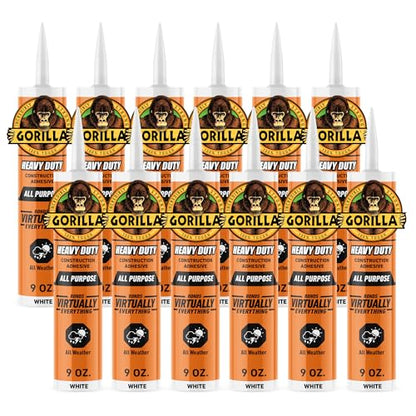 Gorilla Heavy Duty Construction Adhesive, White Glue, 9 Ounce Cartridge (Pack of 12) - Gap Filling and Waterproof - size: 9 Ounce (Pack of 12)