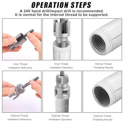 2pcs PVC Pipe Threading Threader Tool Kit, Integrated Internal & External Pipe Thread Cutting Tool with 1/2'' & 3/4'' Dies Set with 2 Roll Seal Raw Tapes for Electric Drill