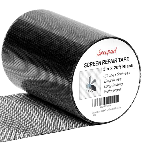 Secopad Black Window Screen Repair Tape, 3IN x 20FT (240IN) Screen Repair Kit for Windows or Doors, Strong Adhesive Fiberglass Mesh Patch Tape - color: Black, size: 3IN x 20FT