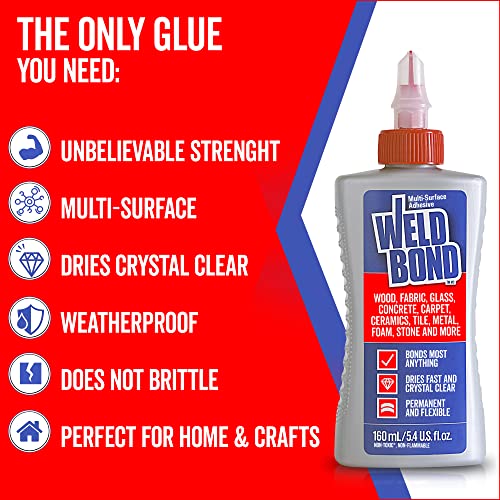 Weldbond Multi-Surface Strong Glue – Fast Drying Glue for Wood, Tile, Ceramic, Pottery, Glass, Metal & More – Heavy Duty Adhesive for Mosaic, Crafts, Wood Working & Repairs – 5.4oz (160ml), 2 Pack - size: 2 pack