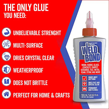 Weldbond Multi-Surface Strong Glue – Fast Drying Glue for Wood, Tile, Ceramic, Pottery, Glass, Metal & More – Heavy Duty Adhesive for Mosaic, Crafts, Wood Working & Repairs – 5.4oz (160ml), 2 Pack - size: 2 pack