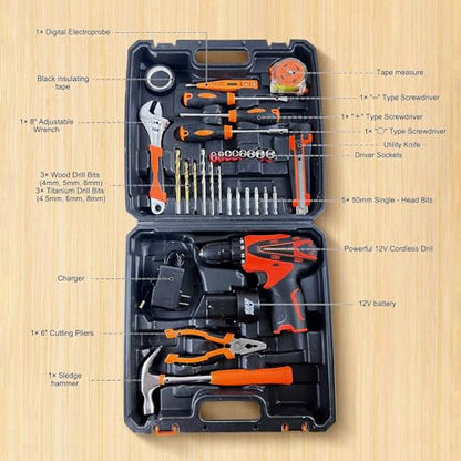 33 Picce Orange Tool Kit with 12V Cordless Drill, Tool Box with Drill, Hand Drill Set for Men Women, Home Tool Kits for House Repair, Handyman, DIY - size: Drill Driver