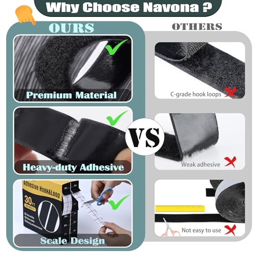 Navona 2 Boxes Heavy Duty Hook and Loop Strips with Adhesive, 60Ft Total x 1 Inch Hook and Loop Tape with Backing for Home, Office, School, and Crafting Projects, Black - color: 1in x 30ft-black-2Boxes