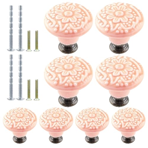 8pcs Pink Vintage Ceramic Kitchen Cabinet Knobs & Pulls - Retro Drawer Handles for Closet, Cupboard & Furniture Doors - color: Pink, size: 8pcs-1.3 Inch