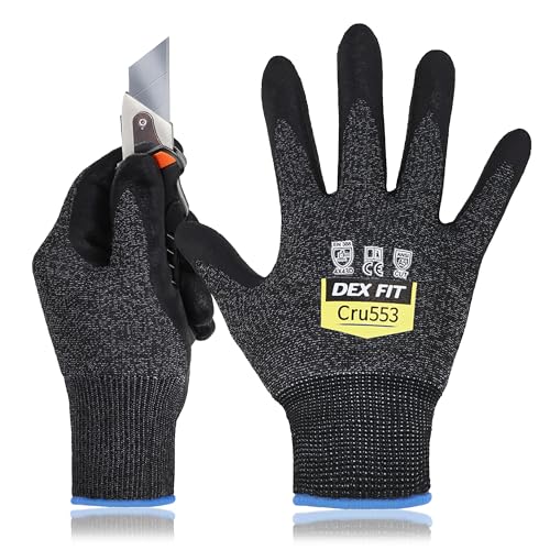 DEX FIT Level 5 Cut Resistant Gloves Cru553, 3D-Comfort Stretchy Fit, Power Grip, Professional Grade, Thin, Touch-Screen Compatible, Durable, Machine Washable; Black Gray L (9) 1 Pair - color: Blackgrey, size: Large
