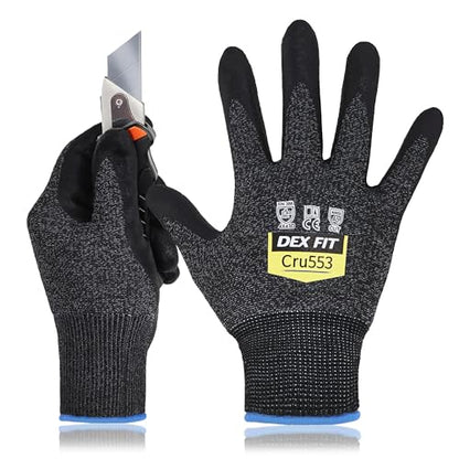 DEX FIT Level 5 Cut Resistant Gloves Cru553, 3D-Comfort Stretchy Fit, Power Grip, Professional Grade, Thin, Touch-Screen Compatible, Durable, Machine Washable; Black Gray L (9) 1 Pair - color: Blackgrey, size: Large