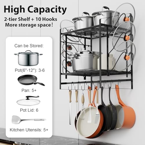 VyGrow 17 Inch Pot Rack Wall Mounted, 2 Tier Pots and Pans Organizer with 10 Hooks and 6 Pot Lid Holders, Heavy Duty Steel Pot and Pan Hanger for Kitchen Cookware Utensils Storage 24" Lx13 Wx20.5 H - color: 17"W 2 Tier Black
