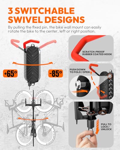 Swivel Bike Wall Mount Bike Rack Garage Organizer, Vertical Bike Hanger for Bicycle Rotating Wall Rack, Easy Installation with Wheel Hook (4 PACK) - size: 4 PACK