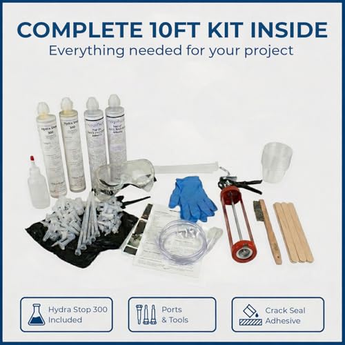 10ft Peel-Off Paste Foundation Crack Repair Kit, Hydra Stop 300 Polyurethane Foam Concrete Foundation Leak Repair System with Peel Paste and Surface Ports, Basement Waterproofing Concrete Crack Filler