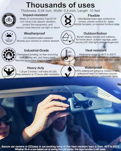 Heavy Duty Double Sided Tape-Waterproof Foam Tape,Heat Resistant Mounting Tape, 0.4 x 10ft-Strong Adhesive Tape for Metal,Glass,Plastic,Car,Picture Hanging, DIY, Home,Indoor and Outdoor Use - size: o.4 inch * 10 FT