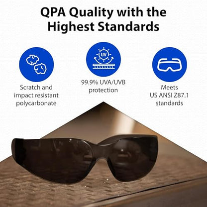 Quest Protective Apparel Safety Glasses for Men and Women - Anti Fog Safety Goggles for Shooting, Lab, or Construction – Polycarbonate Eye Protection [Smoke & Pack of 10]