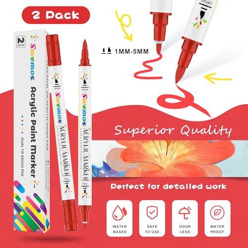 Swemos 2Pcs Red Acrylic Paint Pens Markers, Dual Tip with Fine Tip and Brush Tip Pens Acrylic Paint Markers Waterproof Acrylic Markers Set for Rock, Canvas Stone, Wood, Glass, Metal (RED, 2) - style: RED