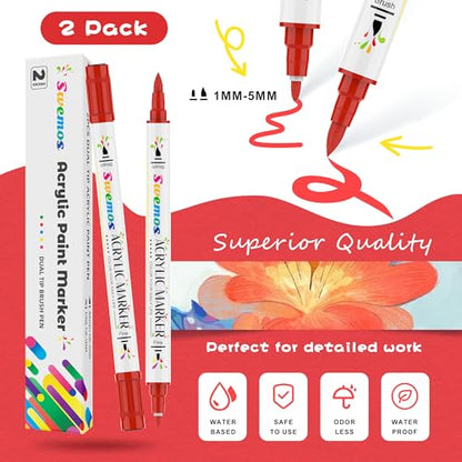 Swemos 2Pcs Red Acrylic Paint Pens Markers, Dual Tip with Fine Tip and Brush Tip Pens Acrylic Paint Markers Waterproof Acrylic Markers Set for Rock, Canvas Stone, Wood, Glass, Metal (RED, 2) - style: RED