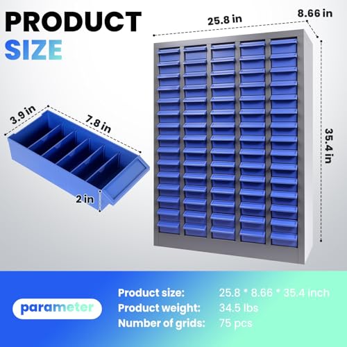 75 Drawers Industrial Nut and Bolt Organizer, Parts Cabinet with 375 Dividers & 150 Label Slots, ABS Drawers Multi-Use Bolt Bins Hardware Organizer System for Workshop, Warehouse and Office - style: 75 Drawers
