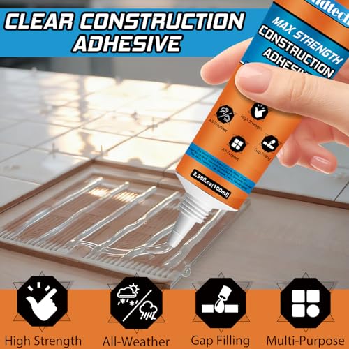 Bondtech Max Strength Construction Adhesive Clear, Cement Glue, Tile Adhesive, Versatile Concrete Glue for Tile, Cement, Floor, Stone, Wall, Wood & More, 3.38 Ounce Squeeze Tube (CZJS-B01)