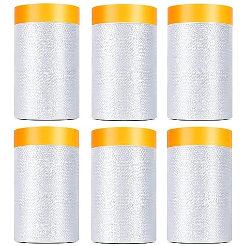 6 Pack Tape and Drape, 1.8x65.6 Ft Pre-Taped Masking Film for Auto Painting Covering, Plastic Pre-Adhesived Dust Paint Protective Drop Film for Furniture, Car, Floor - size: 1.8 Foot x 65.6 Foot - 6 Rolls