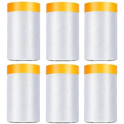 6 Pack Tape and Drape, 1.8x65.6 Ft Pre-Taped Masking Film for Auto Painting Covering, Plastic Pre-Adhesived Dust Paint Protective Drop Film for Furniture, Car, Floor - size: 1.8 Foot x 65.6 Foot - 6 Rolls