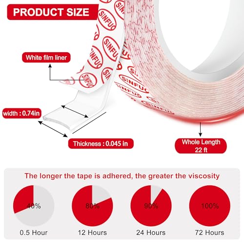Sinfuo Double Sided Tape Heavy Duty, Removable Nano Double Sided Adhesive Tape(22Ft), Removable Damage Clear Mounting Tape Picture Hanging Adhesive Strips - size: 0.74in x 22ft