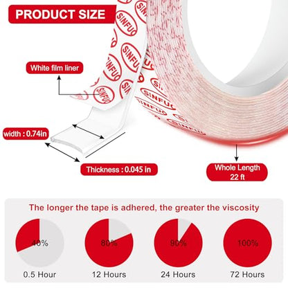 Sinfuo Double Sided Tape Heavy Duty, Removable Nano Double Sided Adhesive Tape(22Ft), Removable Damage Clear Mounting Tape Picture Hanging Adhesive Strips - size: 0.74in x 22ft