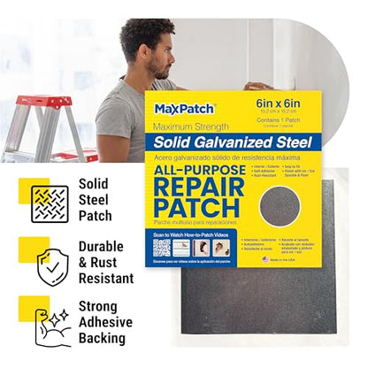 MaxPatch® 4 in. x 4 in. Self-Adhesive Surface Repair Patch, All-Purpose Galvanized Metal for Interior and Exterior Repairs, Ideal for Drywall, Plaster, Wood, Brick, Stucco, and More (3-Pack)