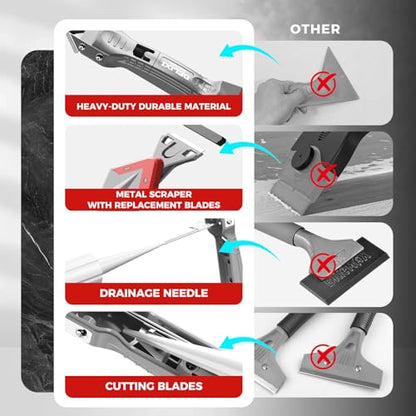 5 in 1 Caulking Tool with 5 Silicone Pads and 4 Glass Glue Corner Scrapers, Caulk Remover Tool with Replacement Blades and Unclogging Needle, Caulking Removal Tool for Kitchen Bathroom - size: 5 in 1