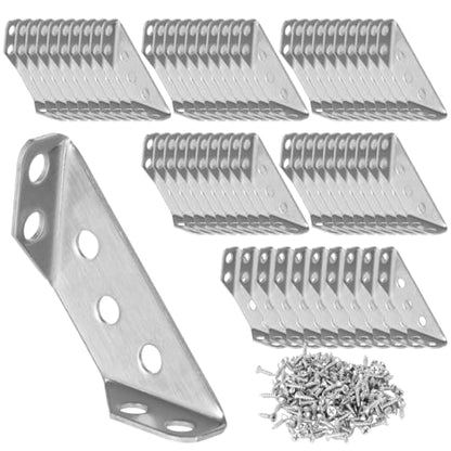 60 Pcs Stainless Steel Angle Corner Brackets, Universal Stainless Steel Furniture Corner Connector, 90 Degree Corner Braces for Wood, with 420 Screws, 2.4 in Long Side