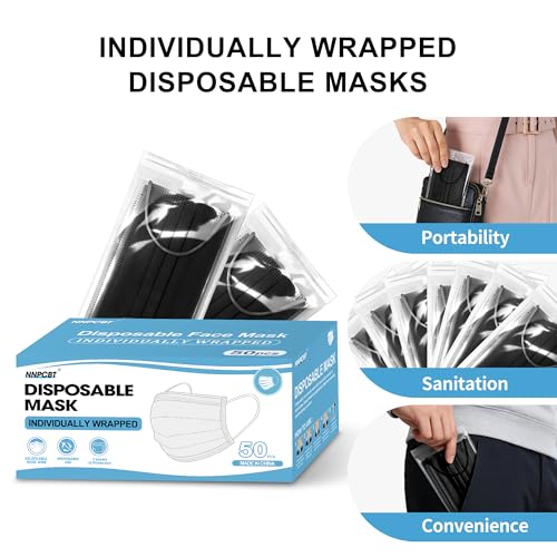 NNPCBT Black Individually Wrapped Masks 50pcs, Disposable Face Masks for Adults, 3 Ply Breathable Face Mask Black Indoor Outdoor - color: Adult-50 Pcs-ind Black