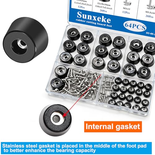 64Pcs Rubber Feet for Cutting Board with Stainless Washer Screws Assortment Kit,2 Sizes (0.433inch, 0.813inch),Non Slip Rubber Bumper Feet for Furniture, Cabinets, Electronics - size: 64pcs - 2 Size