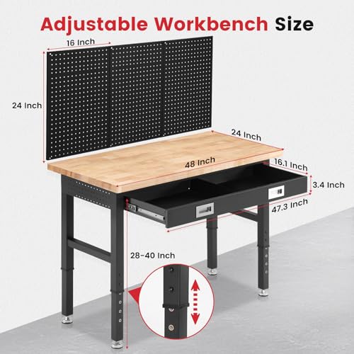 ENJOYWOOD 48" Adjustable Height Workbench with Drawers, Rubberwood Top, Pegboard & Power Outlets, Heavy Duty Work Table for Garage, Workshop & Home - size: XX-Small