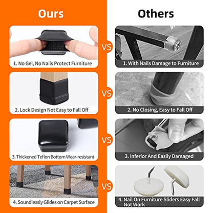 Ezprotekt 24 Pcs Chair Sliders for Carpet, Square Chair Glides for Carpet, Teflon Furniture Pads for Carpet, Chair Leg Protectors Caps for Carpet for Dining Table Chair, Black M (Fit: 0.75"-1") - size: M - Black