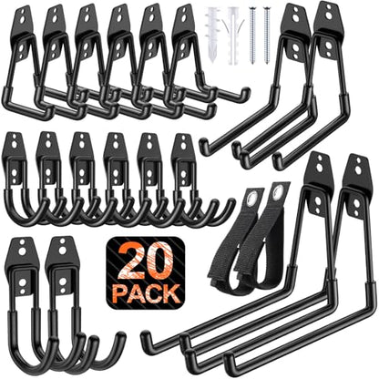 20 Pack Heavy Duty Garage Hooks,Solid Steel Wall Mount Hangers,with Anti-Slip Coating,for Hanging and Organising Ladder,Bike,Ropes,Broom,Garden,Yard and Power Tools - color: 20 Pack Black