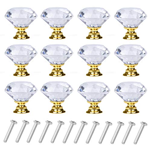 YourGift 12 Pack Drawer Knobs Diamond Shaped Crystal Glass 30mm Cabinet Knobs Pull Handles (Gold) - color: Gold, size: 30 mm, 12 Pack