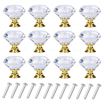 YourGift 12 Pack Drawer Knobs Diamond Shaped Crystal Glass 30mm Cabinet Knobs Pull Handles (Gold) - color: Gold, size: 30 mm, 12 Pack