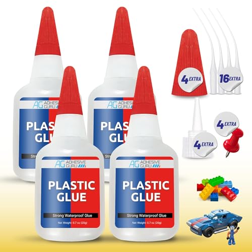 Adhesive Guru Plastic Glue (4X 0.7 oz) Ultra Strong Super Glue for Plastic Repairs, Waterproof Adhesive for Bonding Models DIY Crafts, Toys, PVC, ABS, 3D Printings and More - 4 Pack - size: 4 Pack, style: Plastic Glue