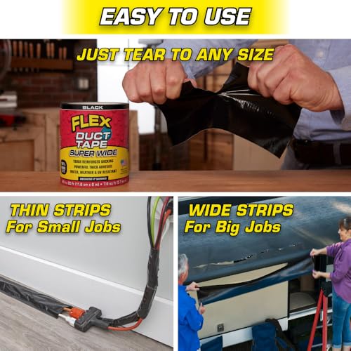 Flex Duct Tape, Super Wide, 4.6 Inches x 20 Feet, Black, Heavy Duty Strong, Multi-Surface, Water, Weather and UV Resistant, Tearable, Perfect for Boxes, No Residue - color: Black, size: 4.6" x 20'