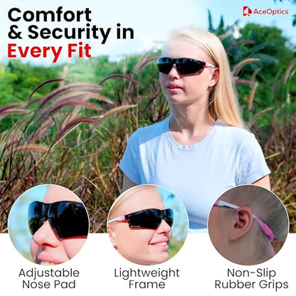 Safety Glasses – ANSI Z87 Certified, 5X Anti-Fog ClearShield™ Lenses with Premium Hard Case & Accessory Bundle - color: Pink & White / Tinted