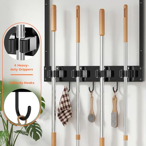 Broom Holder Wall Mount with Shelf Load 66LBS Broom and Mop Organizer Wall Hanging Broom Hanger with 4 Mop Hanger Grippers, 3 Hooks for Laundry Room, Garage, Utility Closet, Kitchen, 1 Pack - style: 1 Pack