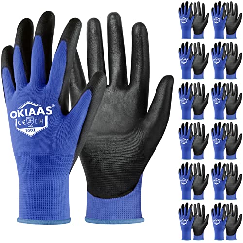 OKIAAS Work Gloves for Men，Ultra Thin and Lightweight Working Gloves with Grip, 12 Pairs Bulk Pack Construction Gloves with Polyurethane Coating, Safety Gloves for Light Duty Work (Blue, X-Large) - color: Blue (12 Pairs), size: X-Large