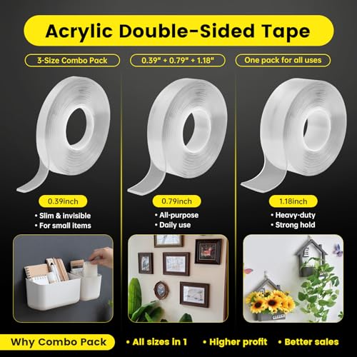 3 Rolls 0.39"+0.79"+1.18"(1-2-3cm) Double Sided Nano Tape Heavy Duty Removable Clear Mounting Tape for Picture Poster Carpet Wall Hanging - style: 0.39"+0.79"+1.18" Mixed