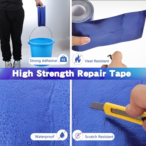 4.5Inch × 40FT RV Awning Repair Tape with Scissors, Outdoor Heavy Duty Repair Tape for Tarp, Tent, Boat Cover, Canvas, Sail Tape, Waterproof, UVproof and Heat-resistant Tear Repair Pctch Kit (1, Blue) - color: Blue