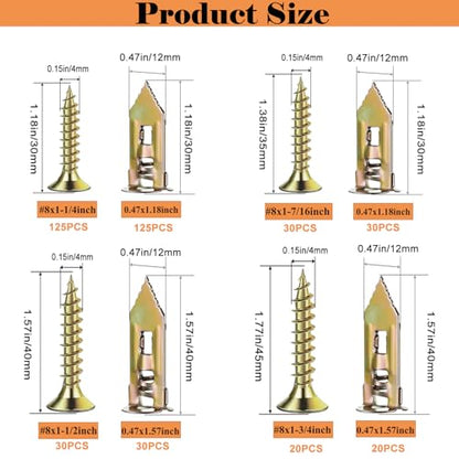 410 PCS Self Drilling Drywall Anchors with Screws Kit - 2 Sizes Sheetrock Anchors & 4 Sizes Zinc Expansion Screws,2025 Upgraded Zinc Plated Steel,No Drill Needed, Holds Up to 66LB on Walls - size: Kit-410pcs