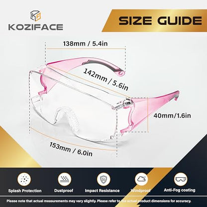 Koziface Safety Glasses for Men and Women White Blue Pink Over Eye Glasses Prescription Anti Fog Clear Lens Side Shields C31 - color: Pink