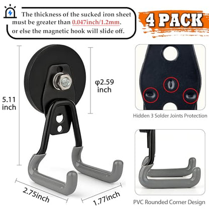 ULIBERMAGNET Upgraded Heavy Duty Magnetic Hooks,4 Pack Strong Large Magnet Hook for Power Drill,Garden Tools,Hose,Pegboard,Garage,Workshop,Magnetic Storage Hooks for Indoor Outdoor Hanging(Gray) - style: V1 Pro 2.59INCH 4PACK Gray Large Hooks