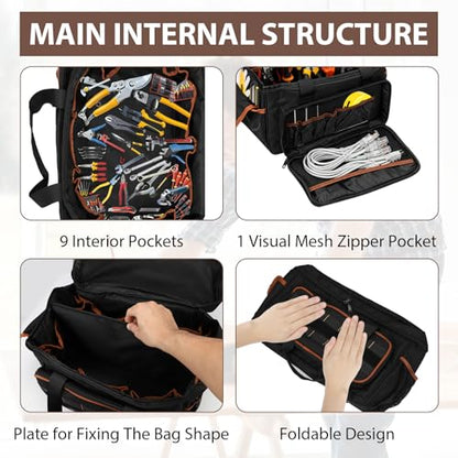 17 Inch Heavy Duty Tool Bags for Men Women, 28 Pockets Portable Tool Bag with Adjustable Shoulder Strap, Wide Mouth Tool Bag Organizer for Electricians Mechanics Carpenters